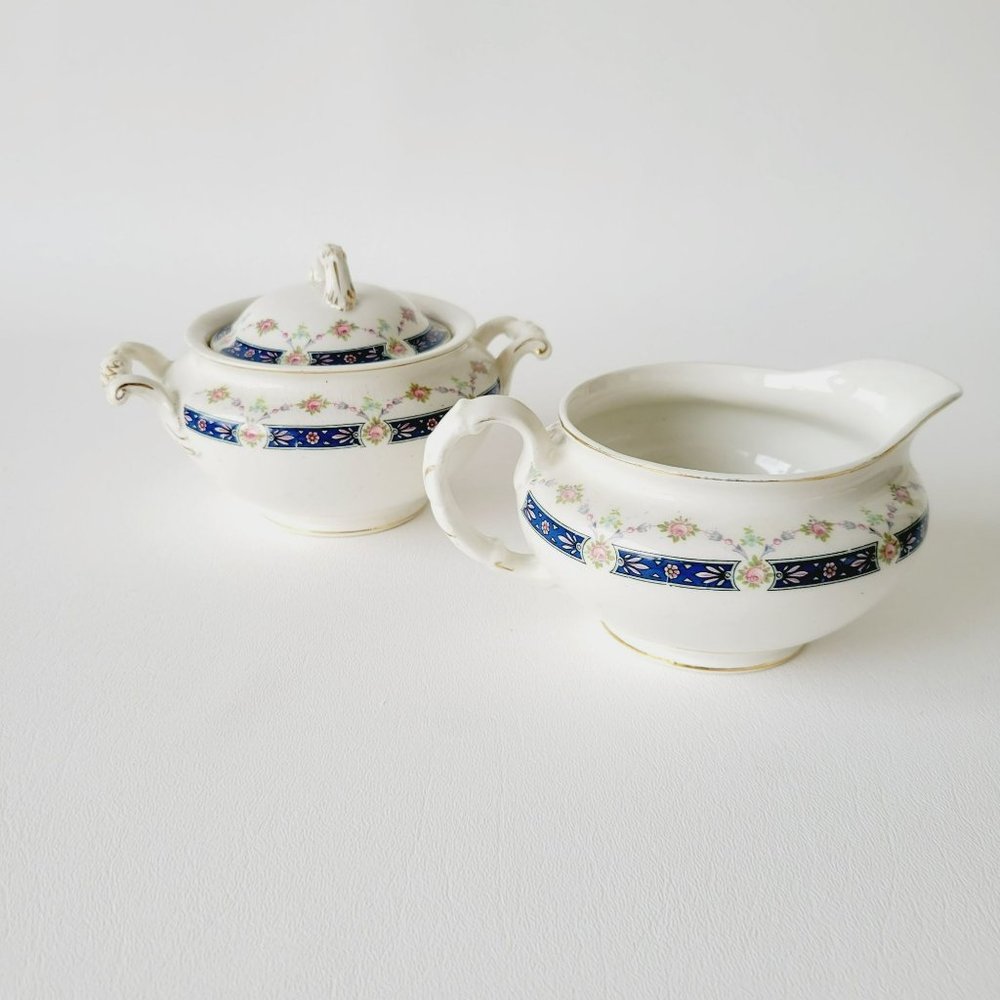 Rare Vintage Johnson Bro Sugar Bowl & Creamer, Blue Accent, Pink Floral, CRAZING
